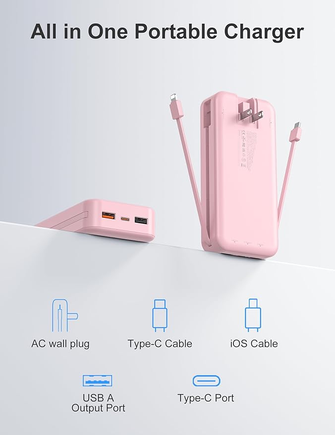 aonidi 20000mAh Ultra-Portable-Charger-Power-Bank PD20W with Built in Cables&AC Wall Plug,Fast Charging Cell Phone Charger Battery Pack,LED Display Travel Battery Bank for All iPhone,Samsung,Android