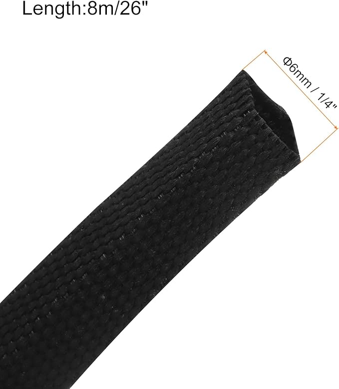 MECCANIXITY Braided Cable Sleeves Heat Shrinkable Fabric Sleeving, 1/4" 26ft Black 2:1 Ratio Heat Shrinkable Cord Protector for Harness Cable, Network Cable Protection, Cable Management