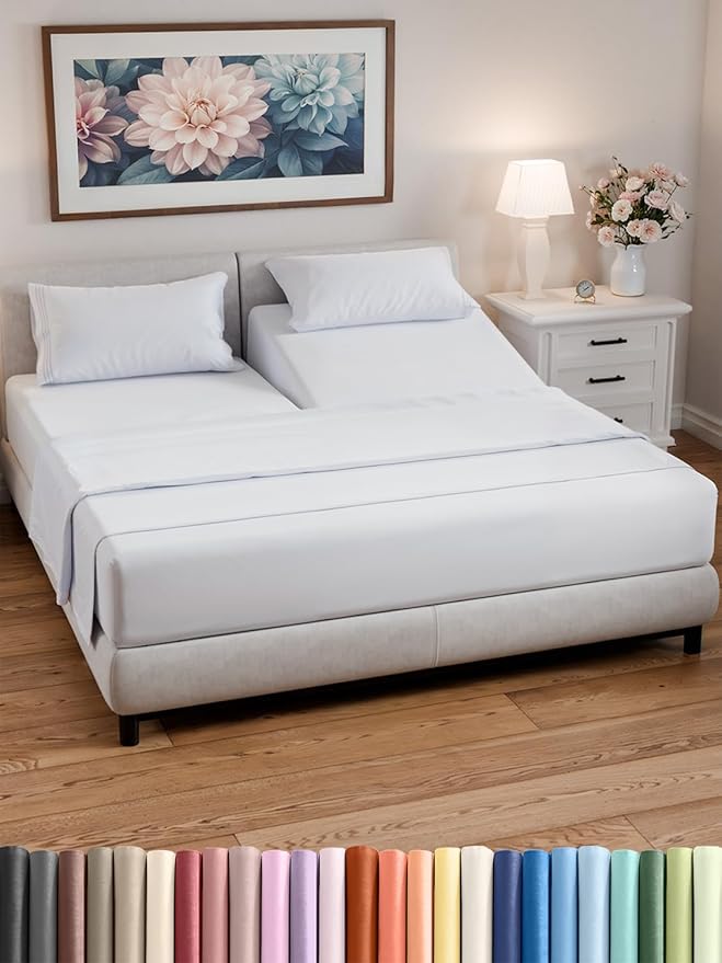 Split Head King Sheets Set – Top Split King Sheets for Adjustable Beds, Easy-Fit Split Head King Mattress - Flex Split Top King Sheets, Easy-Fit, Breathable, Deep Pocket Split King Sheets Set - White