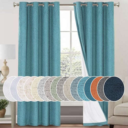 PrinceDeco 100% Blackout Linen Textured Curtains for Bedroom Teal Blue Blackout Curtains for Living Room Energy Saving Window Treatment Curtains with White Liner Vertical Blinds,52" Wide, 84" Length