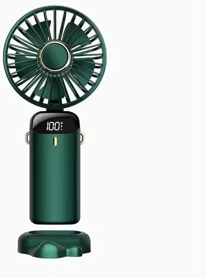 AMPMG LED Digital Display Rechargeable Fan – Portable Handheld & Desk Fan with Adjustable Speeds, USB Charging, Quiet Operation, and Base Stand for Home, Office, Travel and Outdoor Use (Green)