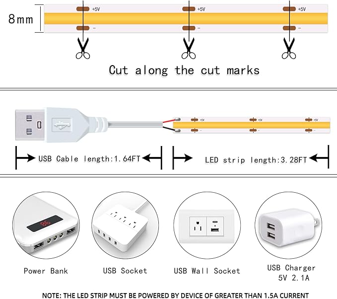 UVTaoYuan Short Led Strip Lights 5V USB LEDs Display Cabinet Lighting COB LED Strip Light 3000K Warm White Not Dimmable Flexible Small led Lights for DIY Home LED TV Lights Indoor Use (3.28FT/1M)