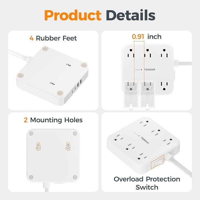 TESSAN 5Ft Grey Extension Cord - Image 8