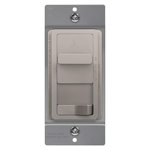 TOPGREENER Kalide Light Switch and 3-Speed Ceiling Fan Control Combo, in Wall Light and Fan Combination Switch, Single Pole, 2.5A, 720W, Neutral Wire Not Required, TGSFS3-NK, Nickel