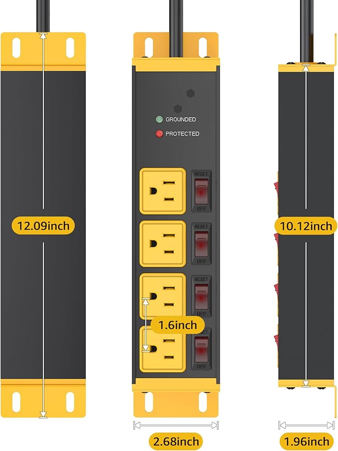 CCCEI 2PCS Heavy Duty Power Strip Surge Protector 20 AMP Individual Switches. 12 Gauge Extension Cord with Multiple Outlets. Garage, Shop, Industrial Wall Mount Electric Extender. 15FT, Yellow.