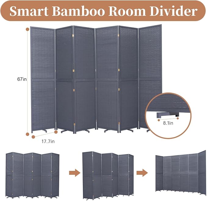 Room Divider Folding Privacy Screens, Hand-Made Natural Bamboo Room Dividers | - Image 5