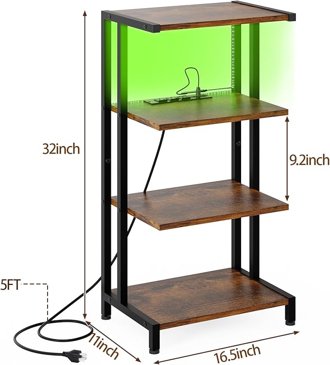 X-cosrack 16.5" Small 4-Tier AV Media Stand with Power Strips,Narrow Version Wooden Corner TV Stand Shelf with LED Lights,Stereo Cabinet Audio Rack Stand Tower for Small Media Players and Boxes
