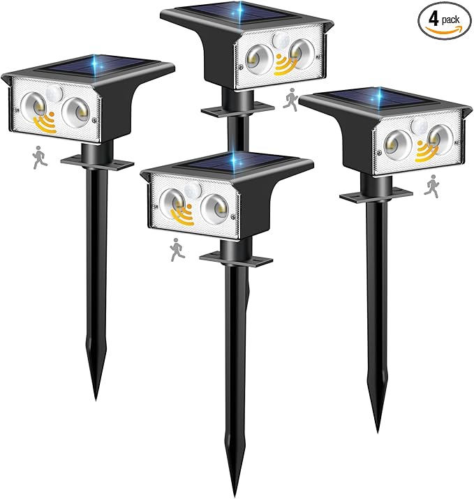 btfarm Solar Spot Lights Outdoor Waterproof, 4 Pack/3 Modes Motion Sensor Lights, Solar Powered Spotlights 2-in-1 Auto On/Off for Outside Pathway Yard Garden Landscape Lighting, Cool White