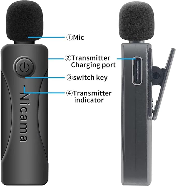 Nicama AS12 USB-C Wireless lavalier Microphone with 2 transmitters for iPhone 15 16 Type-c Android Samsung Smartphone Laptop Live Streaming YouTube TikTok (2TX+RX)