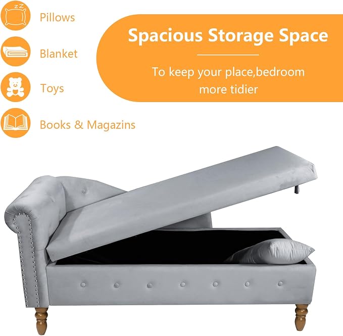 Aoowow Velvet Bedroom Storage Bench End of Bed, Rolled Arm Couch Indoor Chaise - Image 4