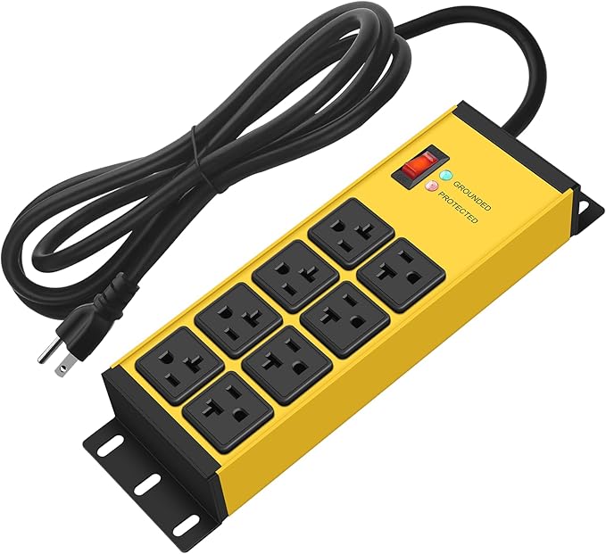 CCCEI Magnetic Heavy Duty Power Strip Surge Protector 20Amp, 12 Gauge High Amp Extension Outlets, Garage Wall Mount 8 Plug Metal Power Strip. 25FT, Yellow, 5-15P Adapter 6-20R T-Slot 20a for Appliance