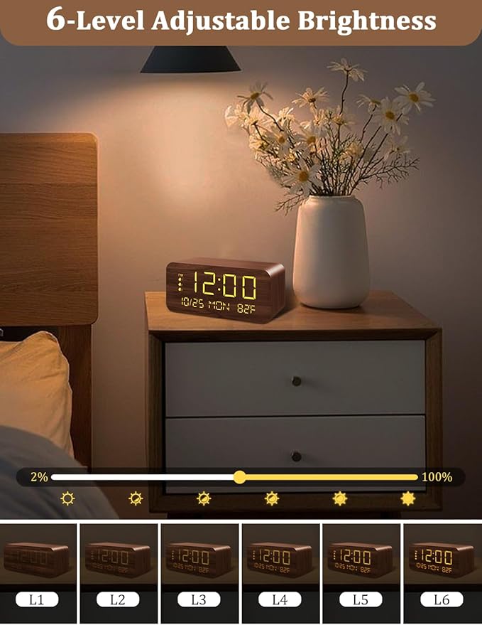 Digital Alarm Clock, with Wooden Electronic LED Time Display, 3 Alarm Settings, 10W Wireless charging, Day of the week, Temperature Detect, Wood Made Digital Clocks for Office, Bedroom, Bedside, Brown