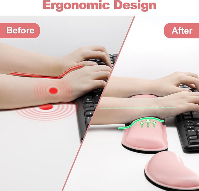 Gimars Upgrade Cleanable PU Leather Keyboard Wrist Pillow Rest Pad, Enlarge Mouse Wrist Cushion Support for Office, Computer, Laptop, Mac, Durable, Comfortable, Pain Relief, Pink