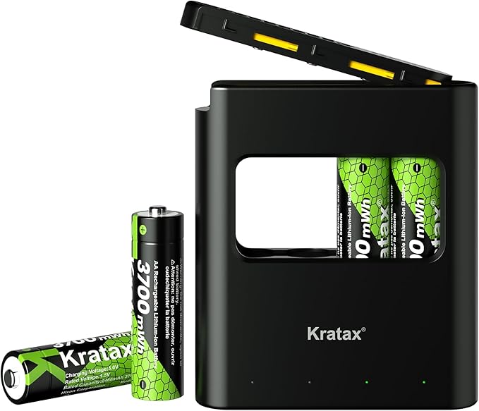 Kratax 3700mWh AA Rechargeable Lithium Batteries with Charger, 4 Pack high Capacity Double A li-ion Batteries 1.5v, Long Lasting, Card Charger with AA Lithium Battery Rechargeable for Outdoor Cameras