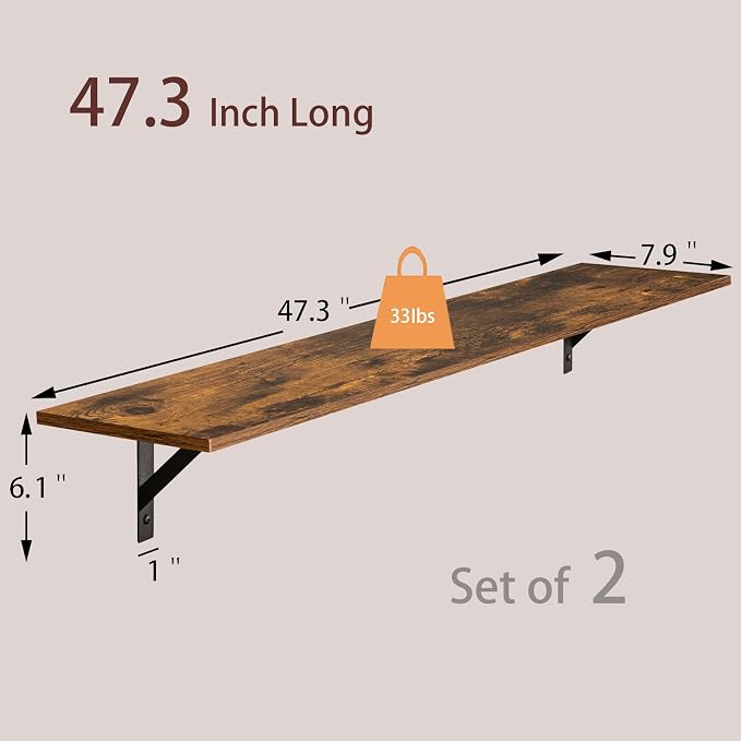 Long Wall Shelves, 47.3Inch Wooden Floating Shelves - Image 3