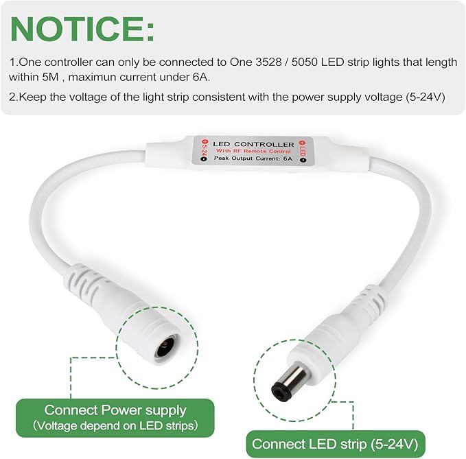 RGBZONE 2 Pack Mini RF LED Dimmer, Single Color Controller for 5050 3528 5630 Strip Lights, DC5V/DC12V/DC24V Single Channel LED Controller, 11-Keys RF Wireless Remote Control