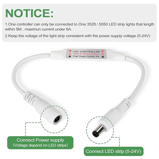 RF Mini Wireless LED Remote Controller for Single Color 3528 5050 COB LED Strip Lights,Wireless LED Control with DC Connector,RF Dimmer Switch for DC 5-24V LED Ribbon Led Shelf Lights Cabinet