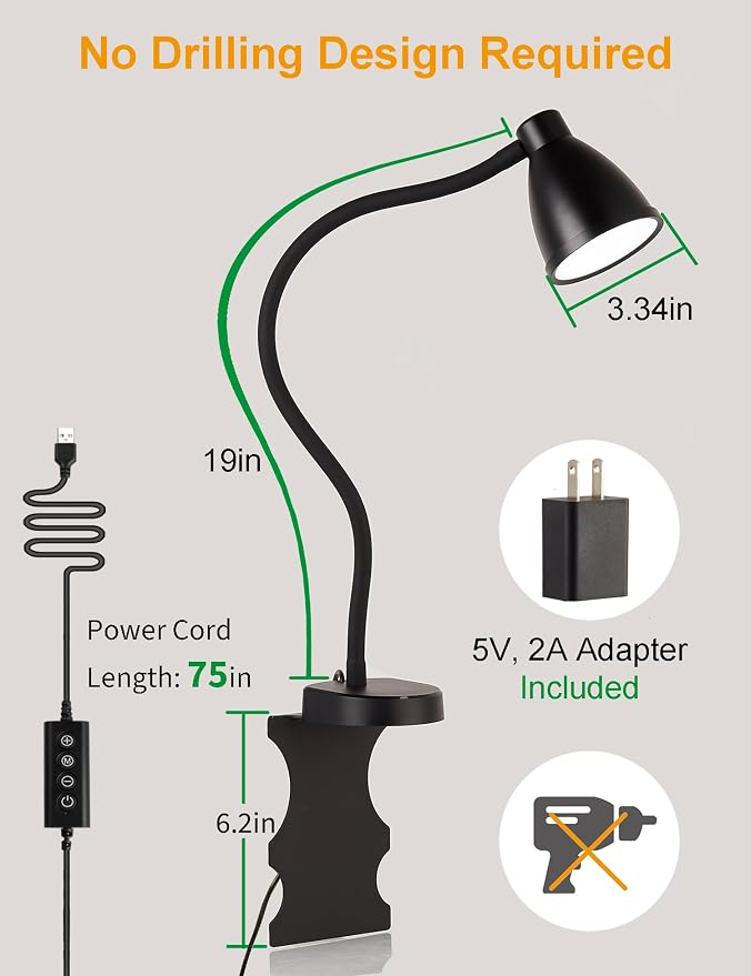 BOHON No Install Bedside Reading Light, Clip-Free Wall Mounted Lamp Black | 5 - Image 6
