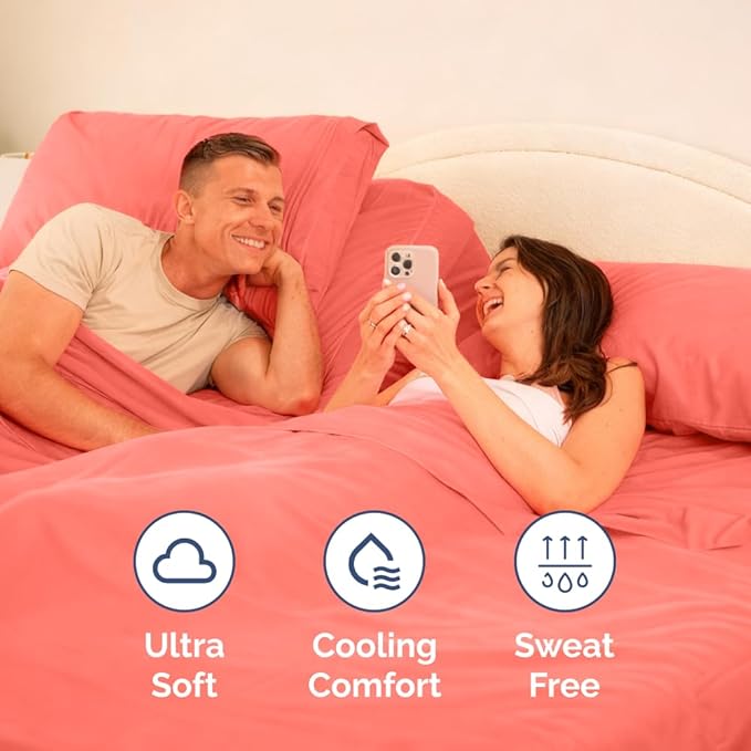 Split Head King Sheet Set – 4 Piece Flex Split Top King Sheets for Adjustable Beds - Fits 14” to 16" Mattress w/ Deep Pockets - Ultra-Soft, Breathable & Cooling - Luxury Bedding & Wrinkle Free - Coral