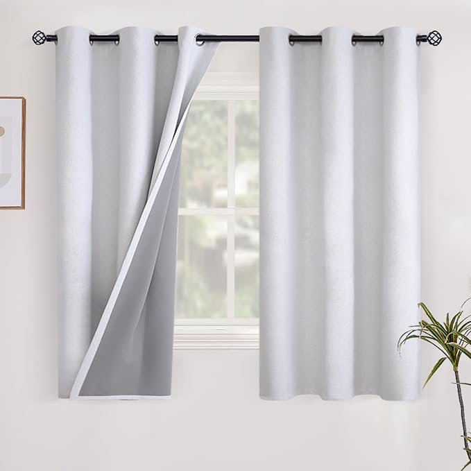YoungsTex White Linen Blackout Kitchen Curtains 40 Inch Length, Short Thermal by YoungsTex