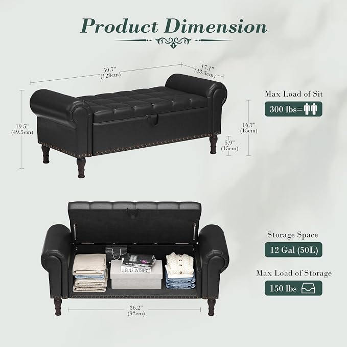Apicizon 51” Bench with Storage, Queen Size Faux Leather End of Bed Bench with - Image 2
