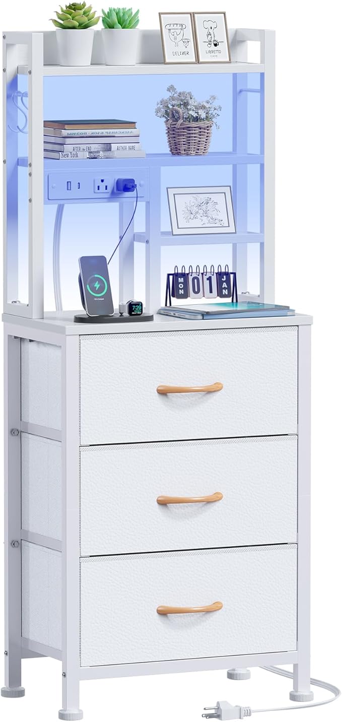 Tall Nightstand, 3 PVC Fabric Drawers and 4-Tier Storage Shelf, Bedside Table by Furnulem