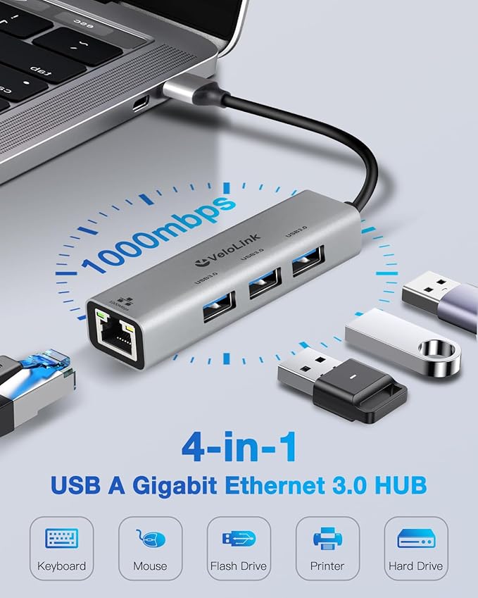 USB ethernet Adapter, USB 3.0 hub with rj45,4-in-1 3.0 Hub with Gigabit Ethernet Adapter, Gigabit Ethernet to USB Adapter for Laptop,PC, MacBook Pro, iPad Pro,and More Type A Laptops
