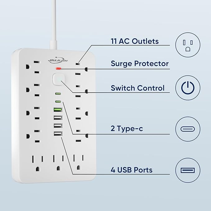 JouleLoom 2 Pack 6 FT Flat Plug Surge Protector Power Strip, 11 Multiple AC - Image 3