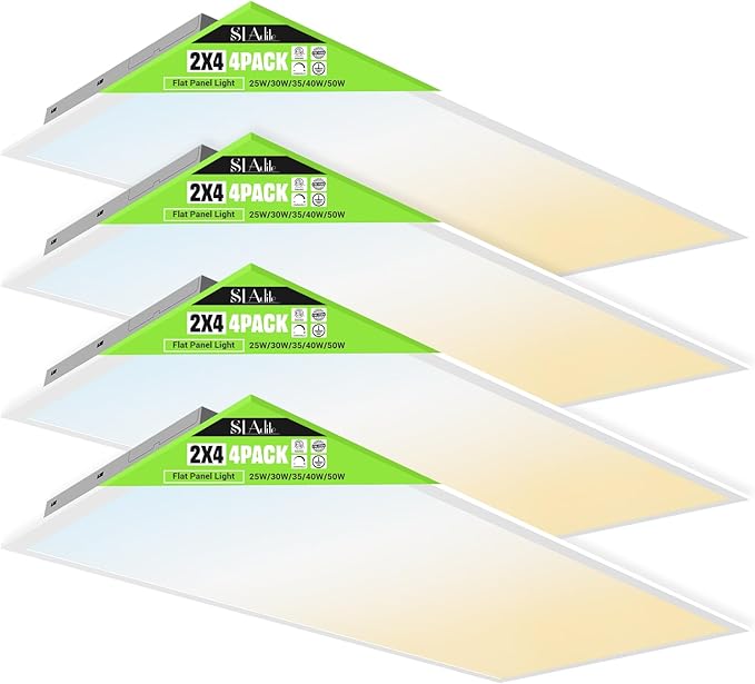 SLAclite 4 Pack 2x4 LED Flat Panel Light 50/40/35/30/25W 6500lm Adjustable, 0-10V Dimmable LED Flush Mount Ceiling Light Fixtures, 2.7K/3K/3.5K/4K/5K Selectable for Office Kitchen Garage - ETL Listed