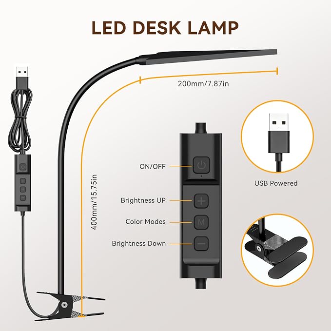 Clip on Desk Lamp, Flexible Reading Light | 5W LED Book Light, 3 Color & 6 - Image 7