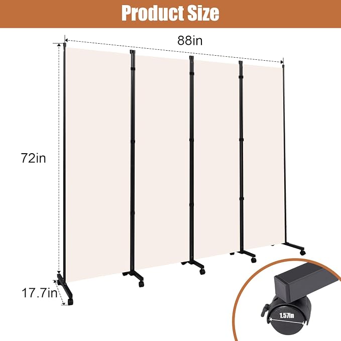 Room Divider 88'' Wide Folding Privacy Screens, 4 Panel Wall Divider w/Wheel | - Image 6