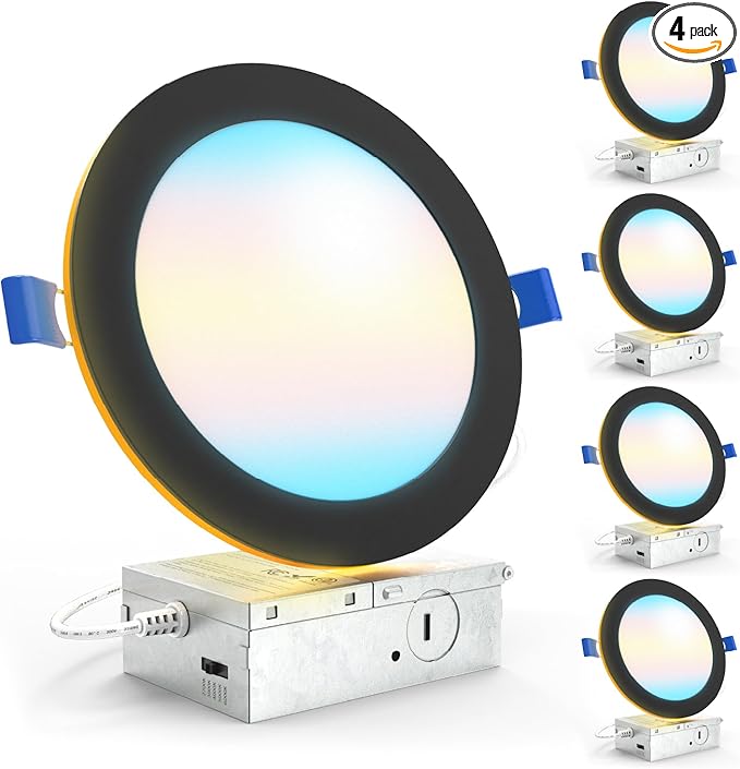 Sunco Black Recessed Lights 6 Inch LED, Canless with Night Light, Wafer Thin, 1500 Lumens, Selectable CCT 2700K/3000K/4000K/5000K/6000K, Dimmable, 12W, with Junction Box UL/ETL 4 Pack