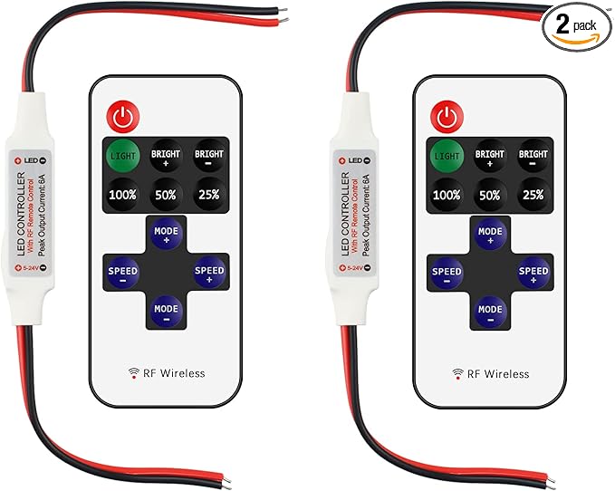 RGBZONE 2 Pack RF Wireless Remote Controller, DC5V-DC24V Single Color 5050 3528 5630 LED Strip Lights, Dimmer Controller Brightness & Effect Mode, RF Wireless Remote Control