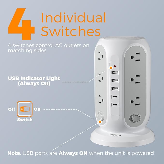 TESSAN Tower Power Strip Surge Protector, Flat Extension Cord 15 Ft, 5 USB Ports - Image 3