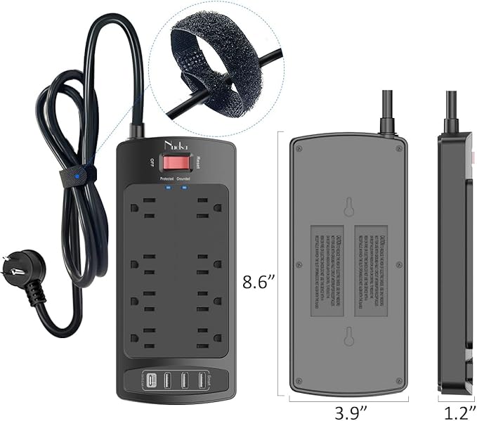 Surge Protector Power Strip - Nuetsa Flat Plug Extension Cord with 8 Outlets and 4 USB Ports, 20 Feet Power Cord (1625W/13A), 2700 Joules, ETL Listed, Black