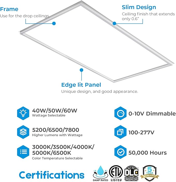 2x2 FT Edge-Lit Frame LED Panel Lights,5CCT Selectable 3000K-6500K, 2600/3900/5200LM,20W/30W/40W Switch Grid Drop Ceiling Lights,0-10V Dimmable,Damp Rated,100-277V,ETL Listed (2 x 4-4 Pack)
