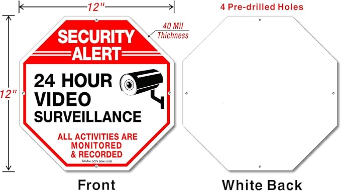 Video Surveillance Signs (2 Pack) 12 x 12 Rust Free .040 Aluminum Security Warning Reflective Metal Signs, Indoor or Outdoor Use for Home Business CCTV Security Camera, UV Protected & Waterproof