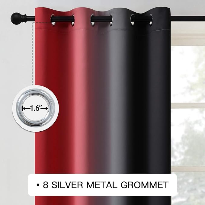 COSVIYA Grommet Room Darkening Ombre Red and Black Curtains W52xL63 inch | Red - Image 3