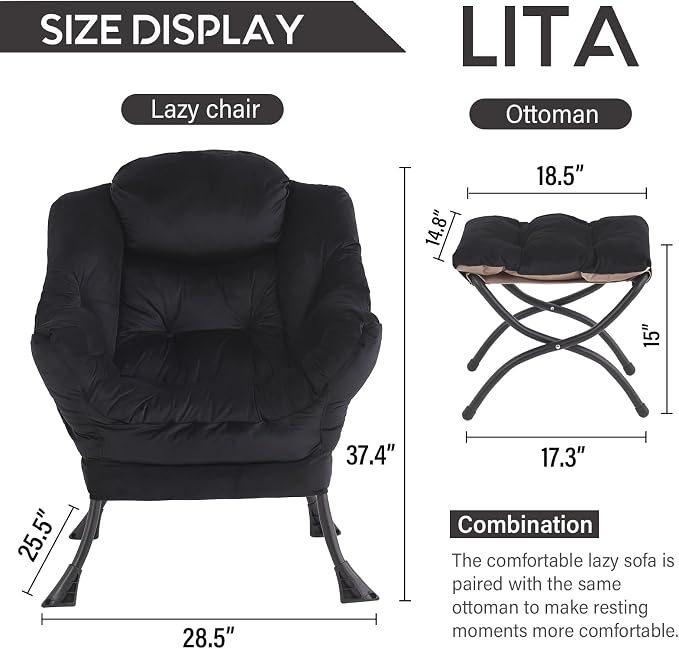 Lazy Chair with Ottoman, Comfy Accent Reading Chair, Velvet Black | Foldable - Image 3
