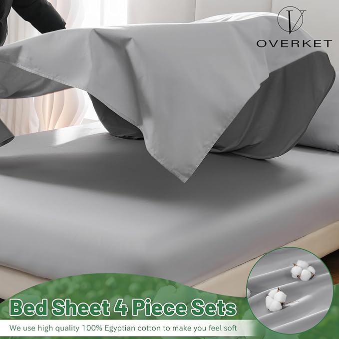 100% Egyptian Cotton Sheets Cal King Sheet Set 1000 Thread Count Sateen Weave Soft Breathable 16-Inch Deep Pocket 4PCS（California King,Grey）