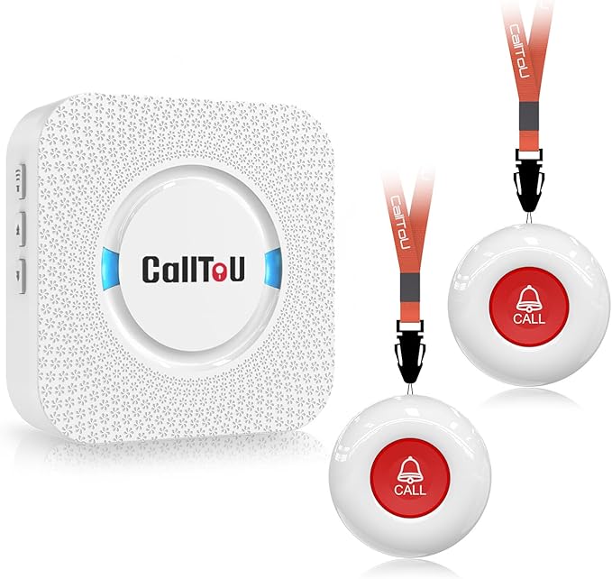 CallToU Elderly Monitoring Call Button Wireless Caregiver Pager Smart Senior System with Light Personal Buzzer Alarm 2 Portable Transmitters 1 Plugin Receiver