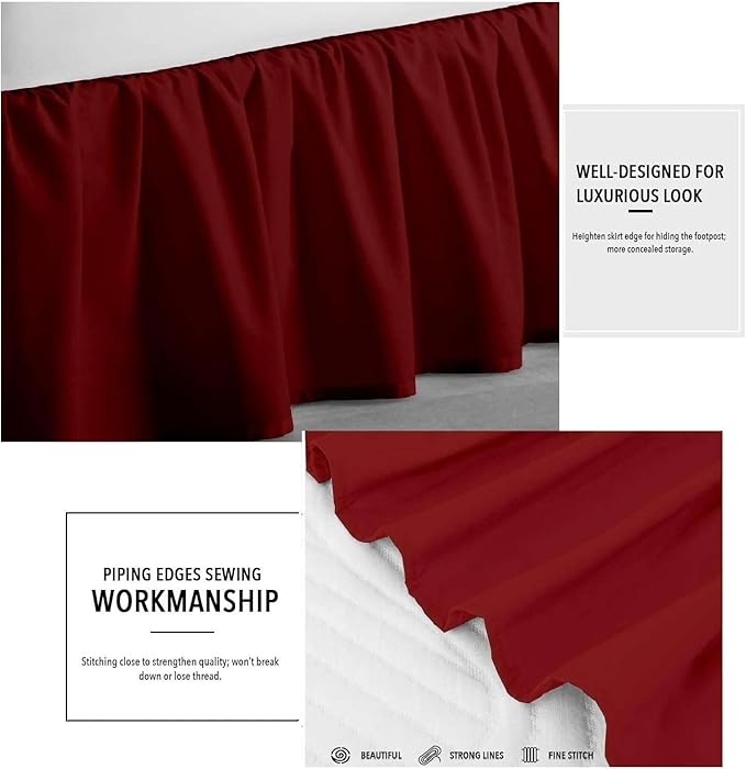 Burgundy Solid Ruffled Bed Skirt Queen-XL-8" Inch Drop Split Corner, Microfiber Bedskirt with Platform Three Sided Coverage