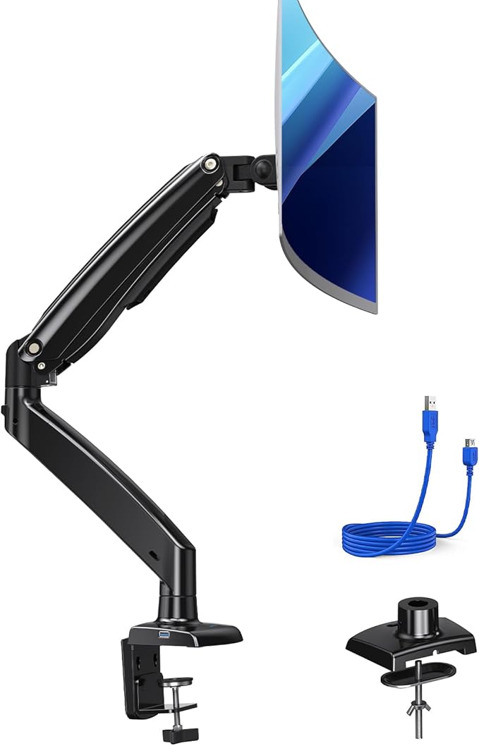 HUANUO Single Monitor Arm for 13-35 inch Screens,Ultrawide Computer Monitor Mount Holds 26.4lbs,Upgraded Adjustable Monitor Stand with USB,C-Clamp&Grommet Base,VESA 75x75/100x100mm(Black)