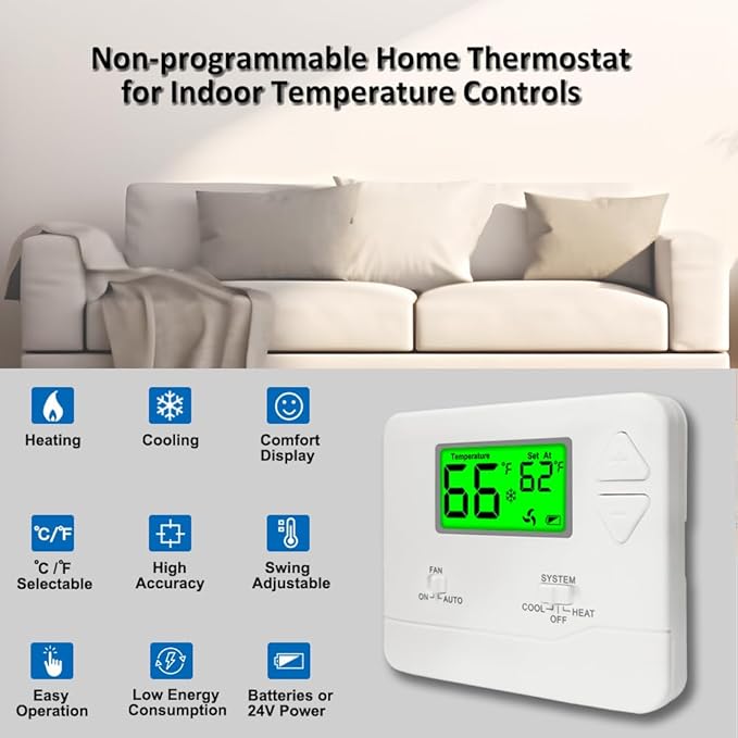 NonProgrammable Thermostat for House, Digital Energy-Saving Thermostat,Single-Stage Systems, 1 Heat/1 Cool, Easy DIY Install, Green Backlight
