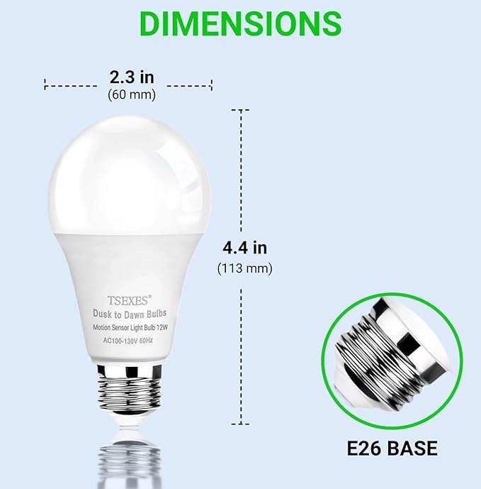 TSEXES 12W Motion Sensor Light Bulbs (100W Equivalent), 5000K Daylight, Motion Activated Light Bulb with Dusk to Dawn Sensor for Outdoor & Indoor,Porch, Stairs, Hallway, 4-Pack