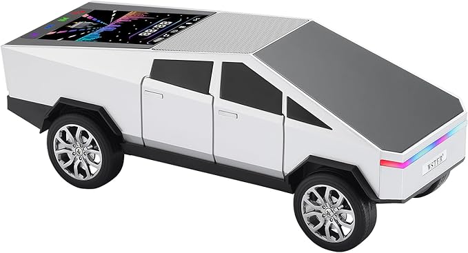 Futuristic Pickup Truck Bluetooth Speaker with LED Display Screen – Practical Gift Choice for Car Model Fans & Audio Users, TWS Stereo, FM Radio, USB/TF Playback, Front LED Headlights, Mic(Silver)