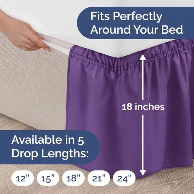 Wrap Around Dust Ruffle Bed Skirt - Purple - for Full Size Beds with 18 Inch Drop - Easy Fit Elastic Strap - Adjustable Pleated Bedskirt w/Brushed Fabric - Wrinkle Free - for Women, Men, Kids & Teens