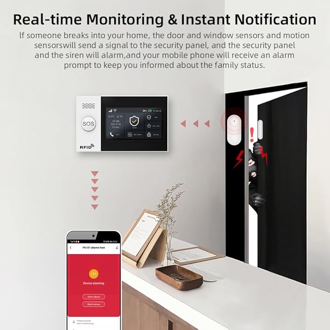 Hapippofa Home Security Alarm System,DIY Wireless WiFi Alarm System (Motion Detector, Door Window Sensor, Remote Control, Siren), Compatible with Alexa and Google for House, Apartment