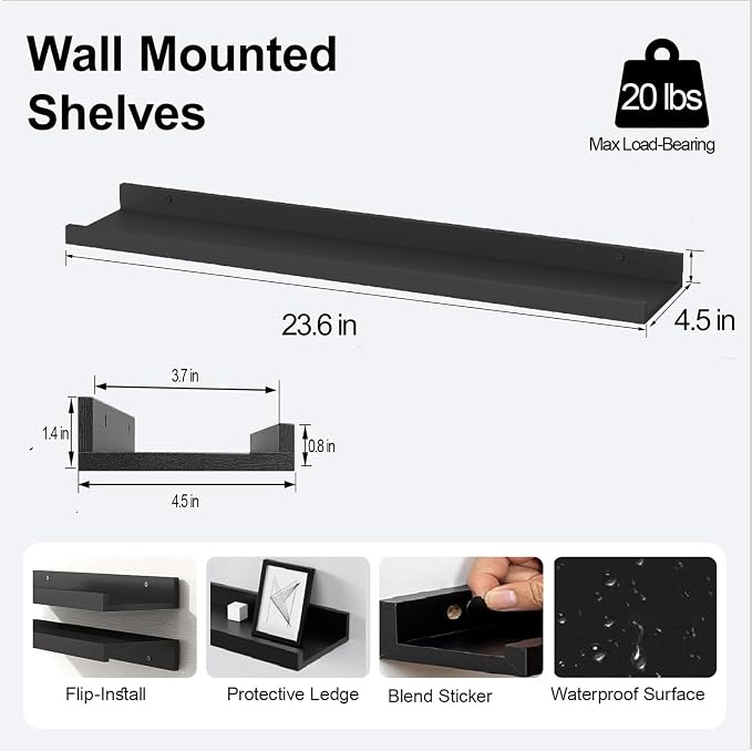 Black Floating Shelves for Wall Decor, 24 in Shelf - Image 3