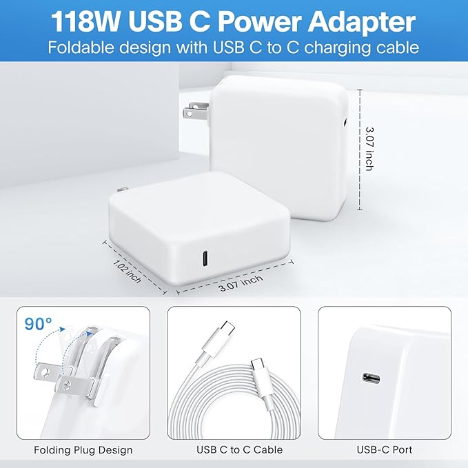 Sunveza Mac Book Pro Charger - 118W USB C Charger Fast Charger Compatible with MacBook pro/Air, M1 M2 M3 M4 M5, ipad Pro, Samsung Galaxy and More, Include Charge Cable